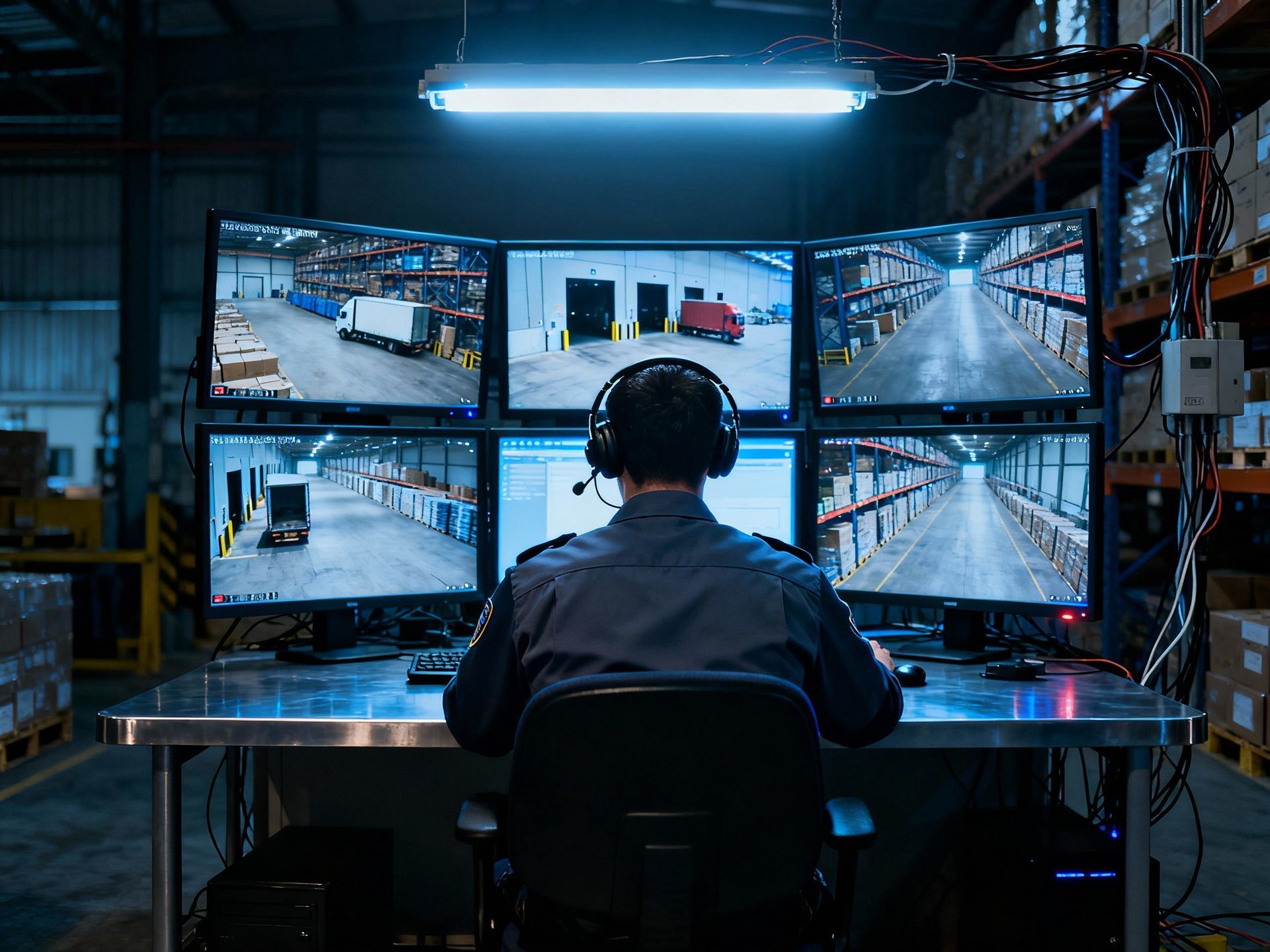 Guard monitoring CCTV systems in a warehouse