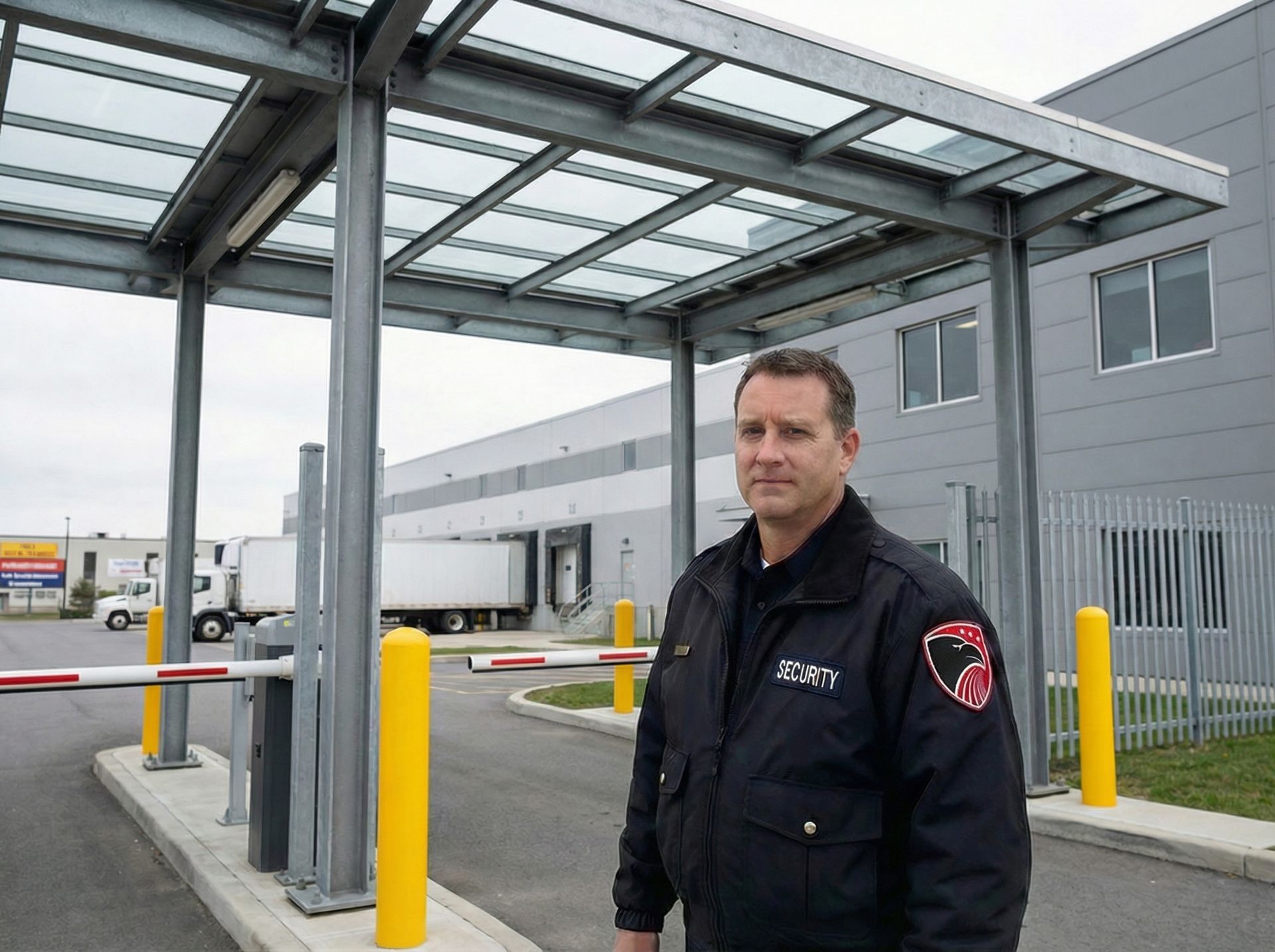 Industrial security guard patrolling a Sioux Falls warehouse facility