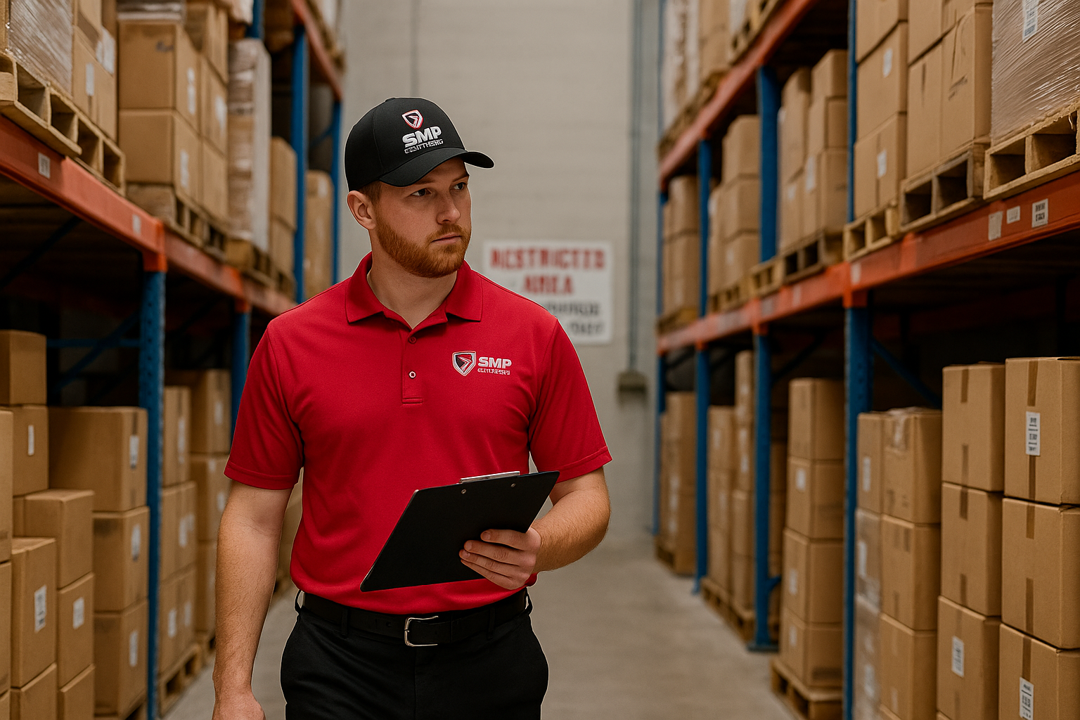 Warehouse guard inspecting inventory aisle to deter internal theft
