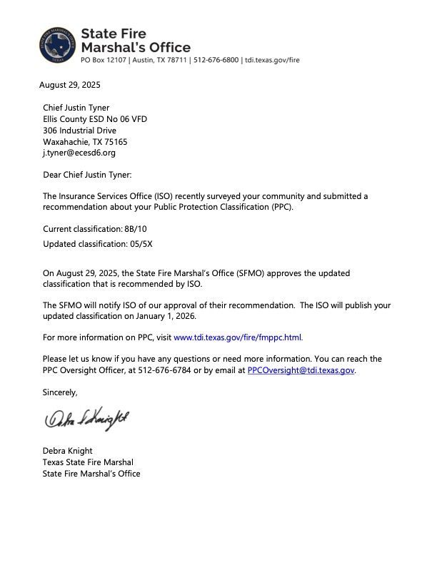Letter from State Fire Marshal's Office to Chief Curtis Tyner regarding updated Public Protection Classification (PPC).