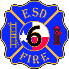 A blue and gold emblem for Ellis County ESD 6 fire