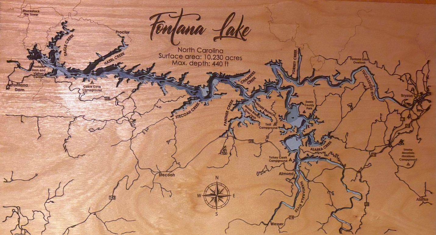 wooden map of Fontana Lake in North Carolina