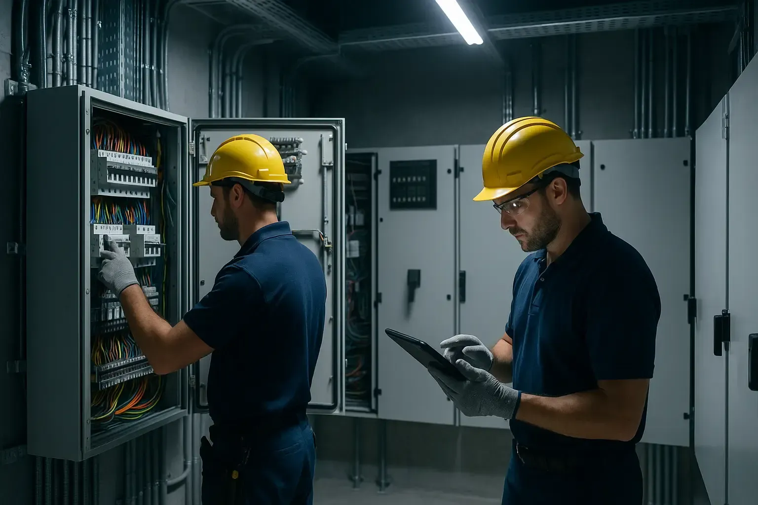 Two electricians in hard hats working on electrical panels in an industrial setting. One adjusts wiring; the other uses a tablet.