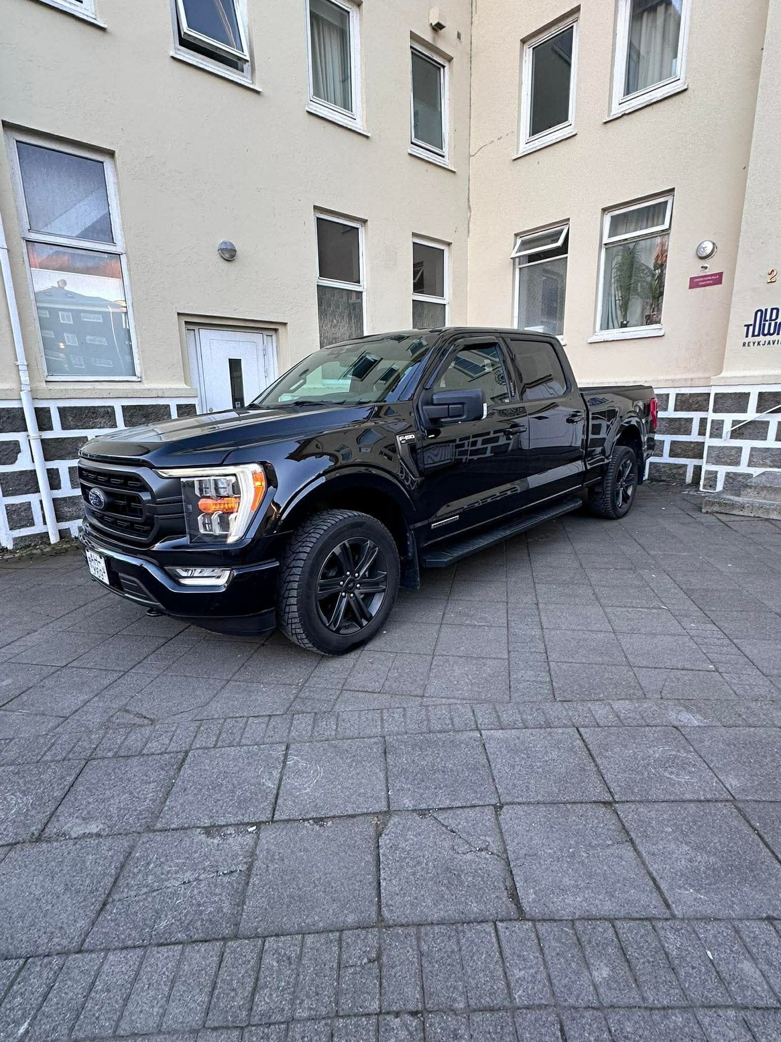 Black Ford F-150 pickup truck parked on a cobblestone driveway in front of a light-colored building with multiple windows.