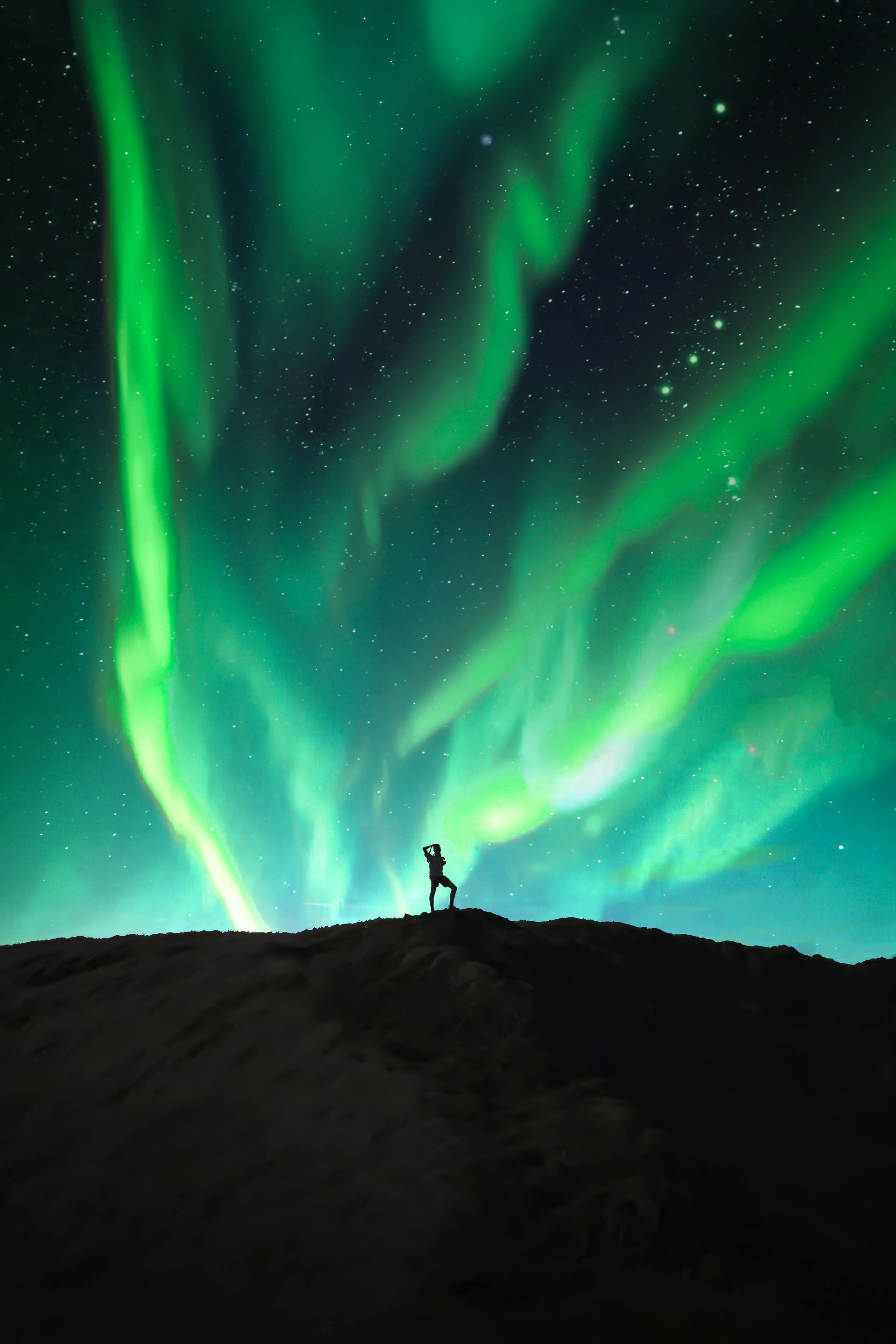 Person silhouetted on a hill, gazing at vibrant green aurora borealis swirling across a starry night sky.