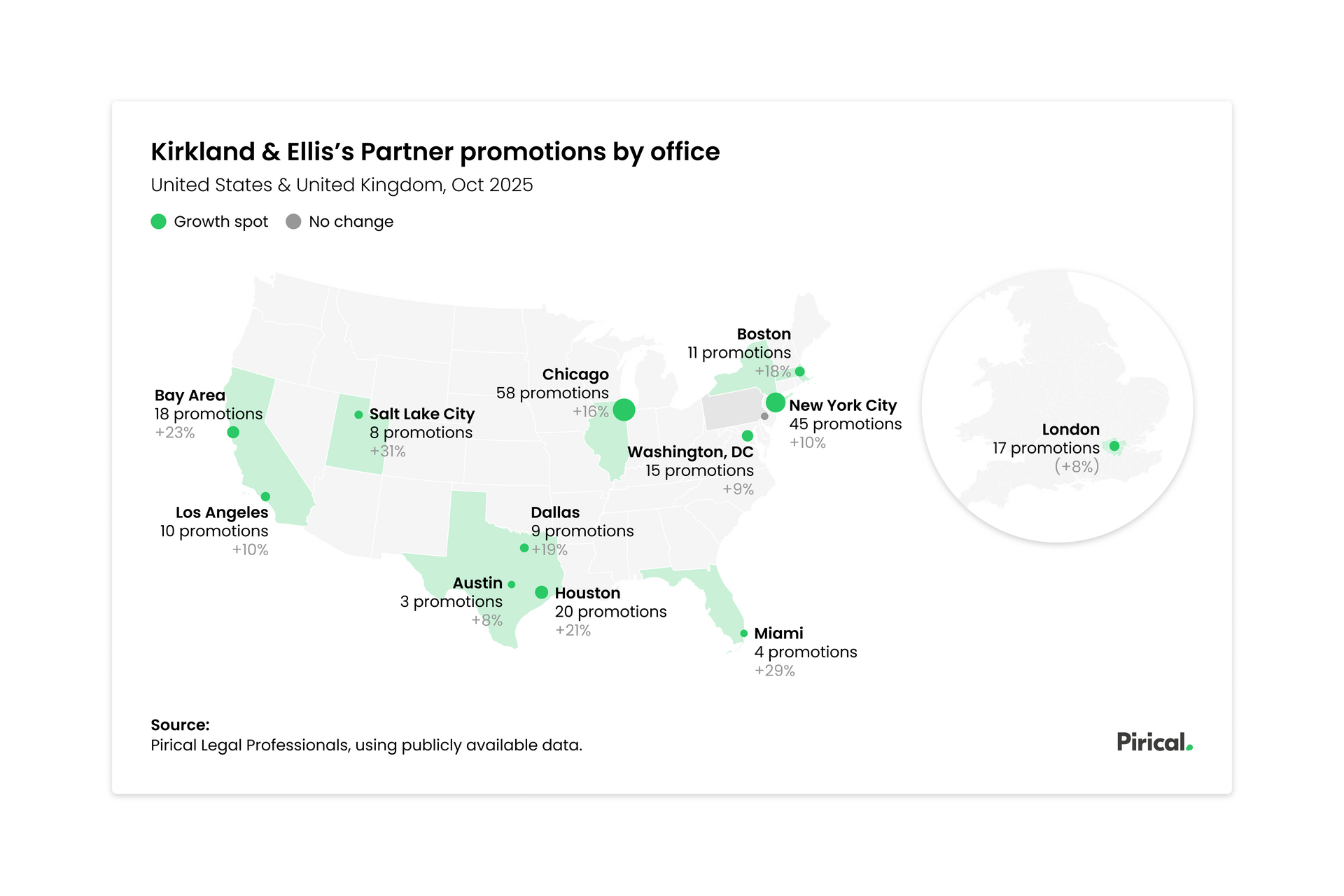 Map: Kirkland & Ellis partner promotions by office. United States and United Kingdom. Green circles show promotions.