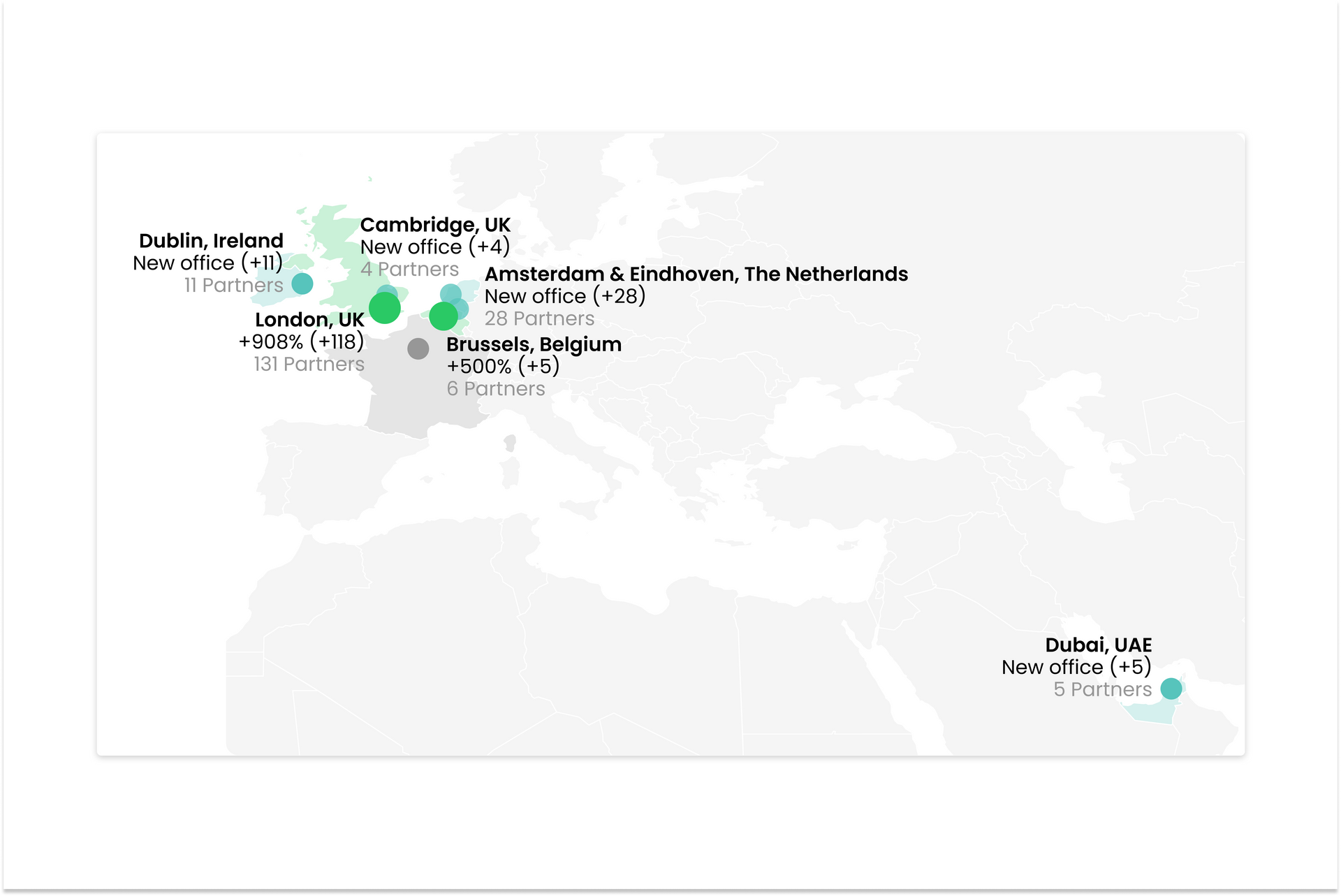 Map showing Winston & Strawn's partner headcount change by merging with Taylor Wessing. Locations in green highlight increases.