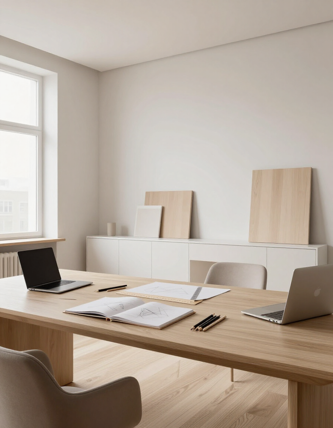 Minimalist office with wooden desk, open laptop and papers, in a bright room with leaning boards on the wall