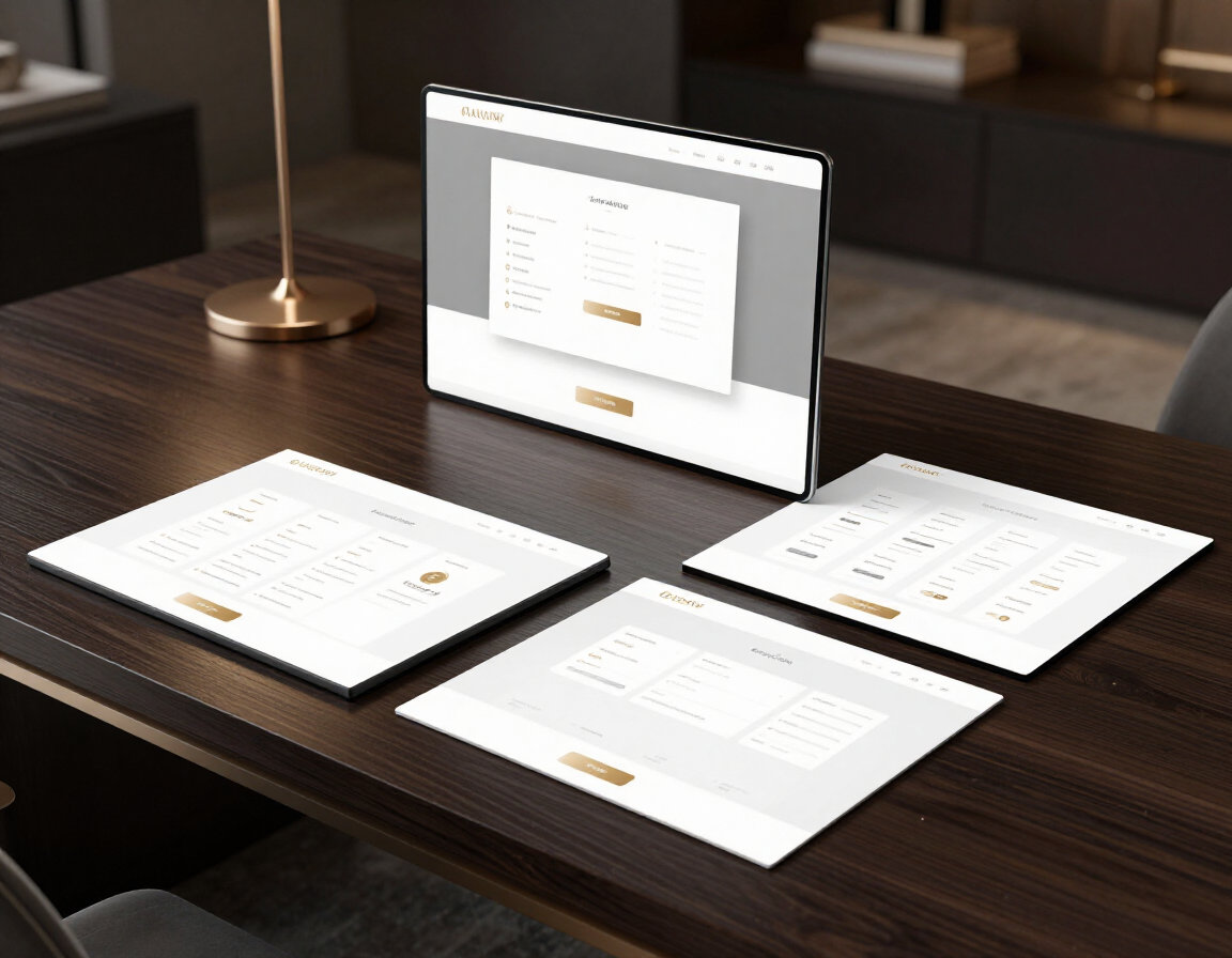 Desk with a laptop and three printed documents laid out in a modern office setting