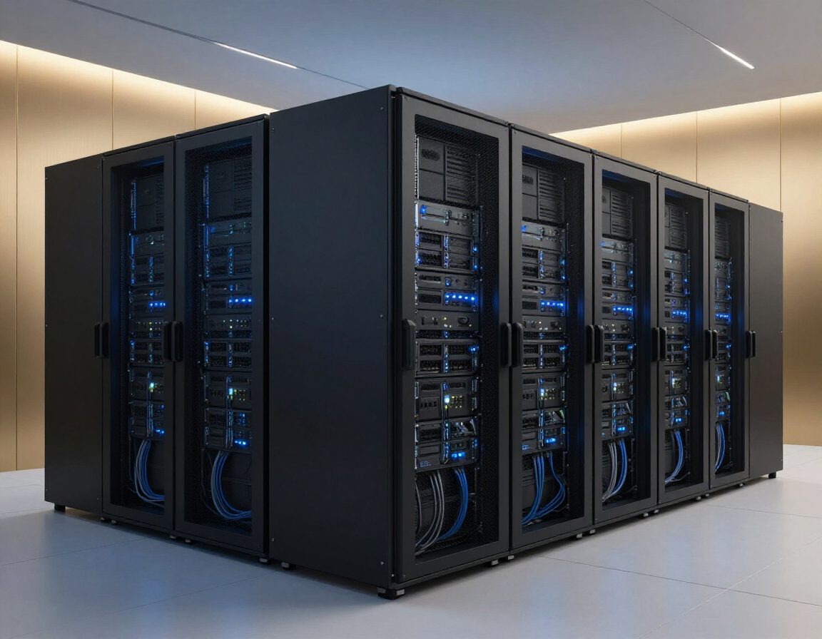 Rows of black server racks in a modern data center with blue indicator lights