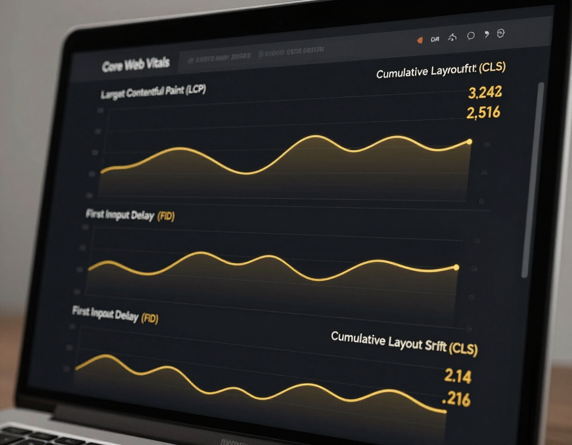 Dark analytics dashboard with yellow line charts on a laptop screen