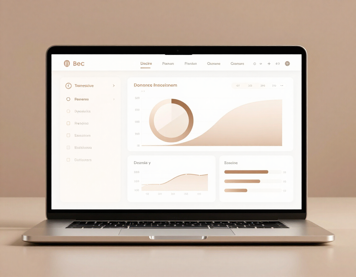 Laptop displaying a light-colored analytics dashboard with charts and graphs on screen