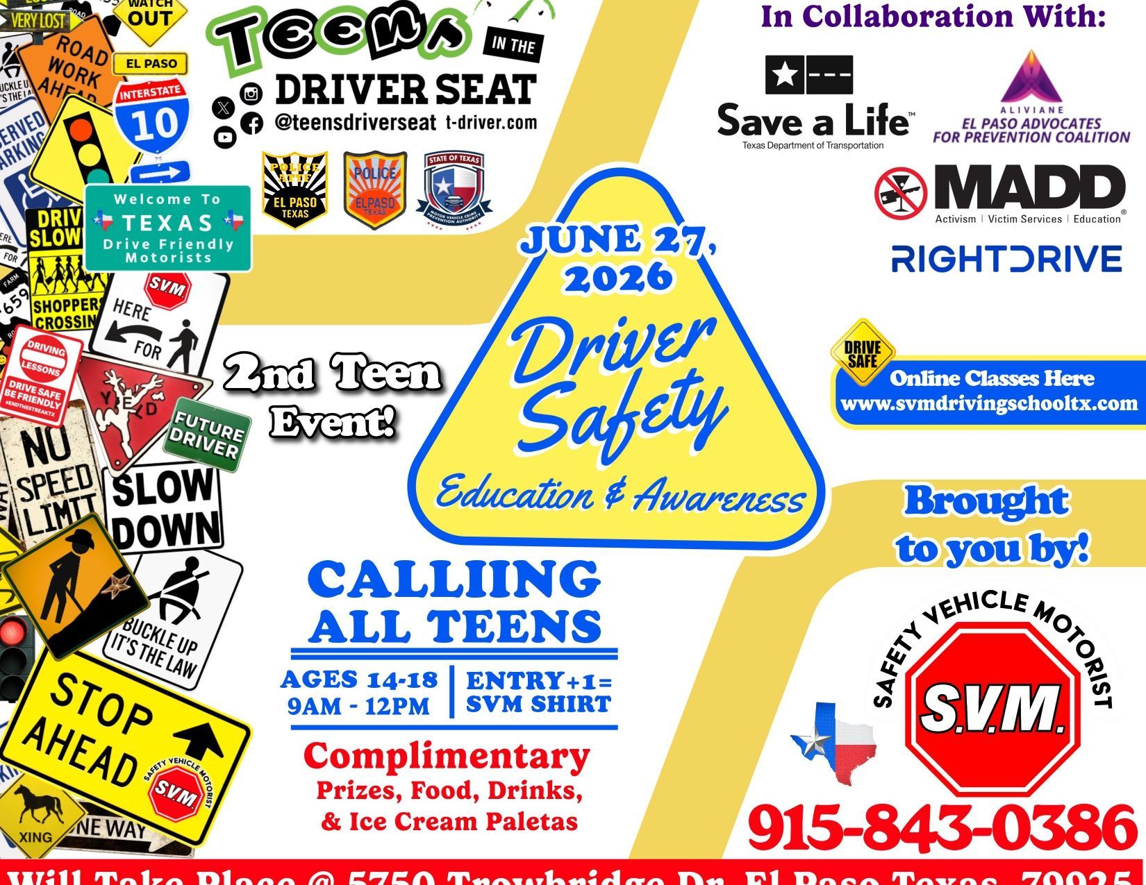 Teen driver safety event flyer with yellow car, June 27, 2026, and “Calling all teens” details