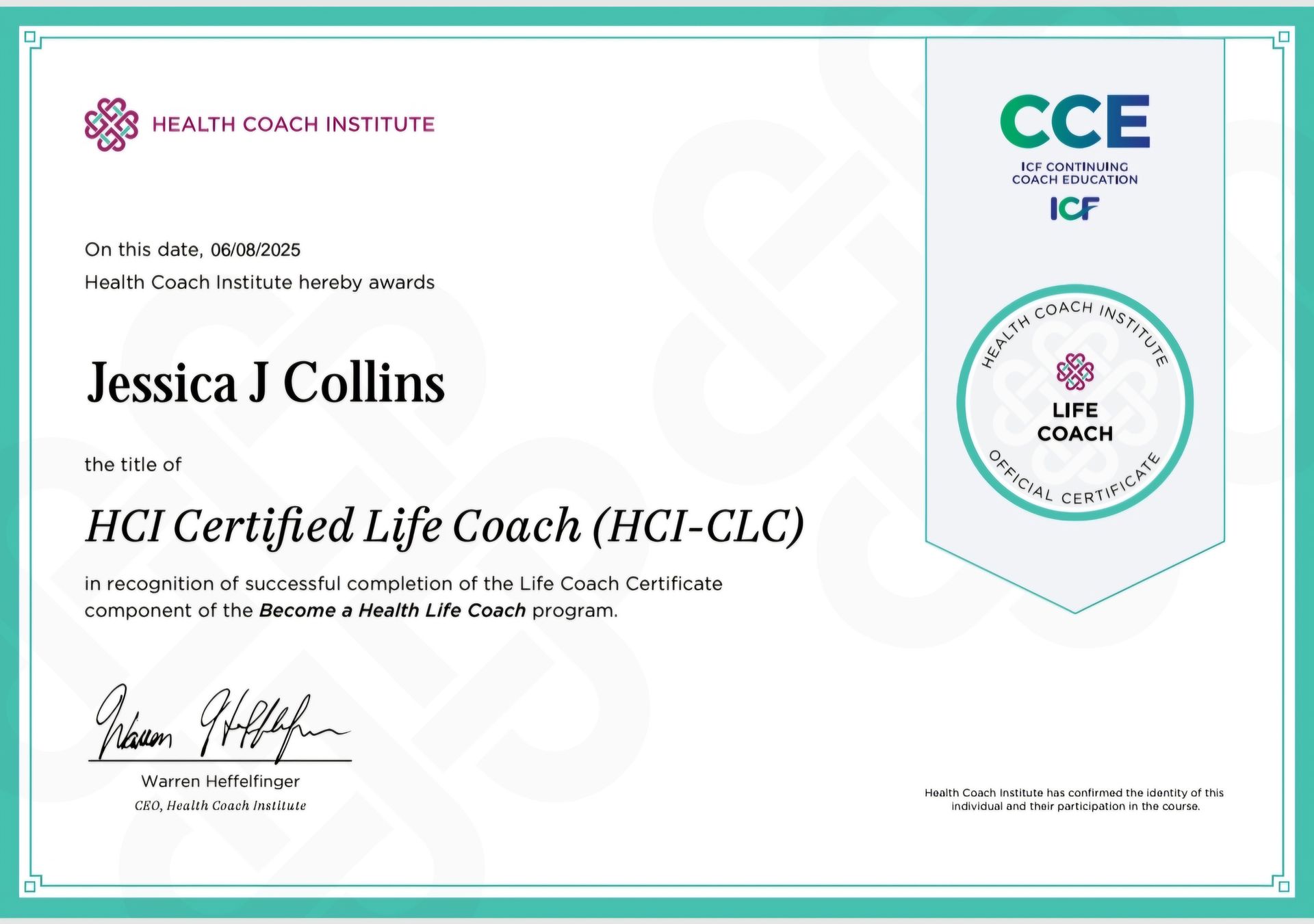 Health Coach Institute certification for Jessica, Certified Life Coach at Mt. Emily Hormone & Wellness
