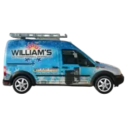 A blue van that says william 's on the side