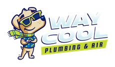 A logo for way cool plumbing and air with a dog wearing sunglasses and a scarf