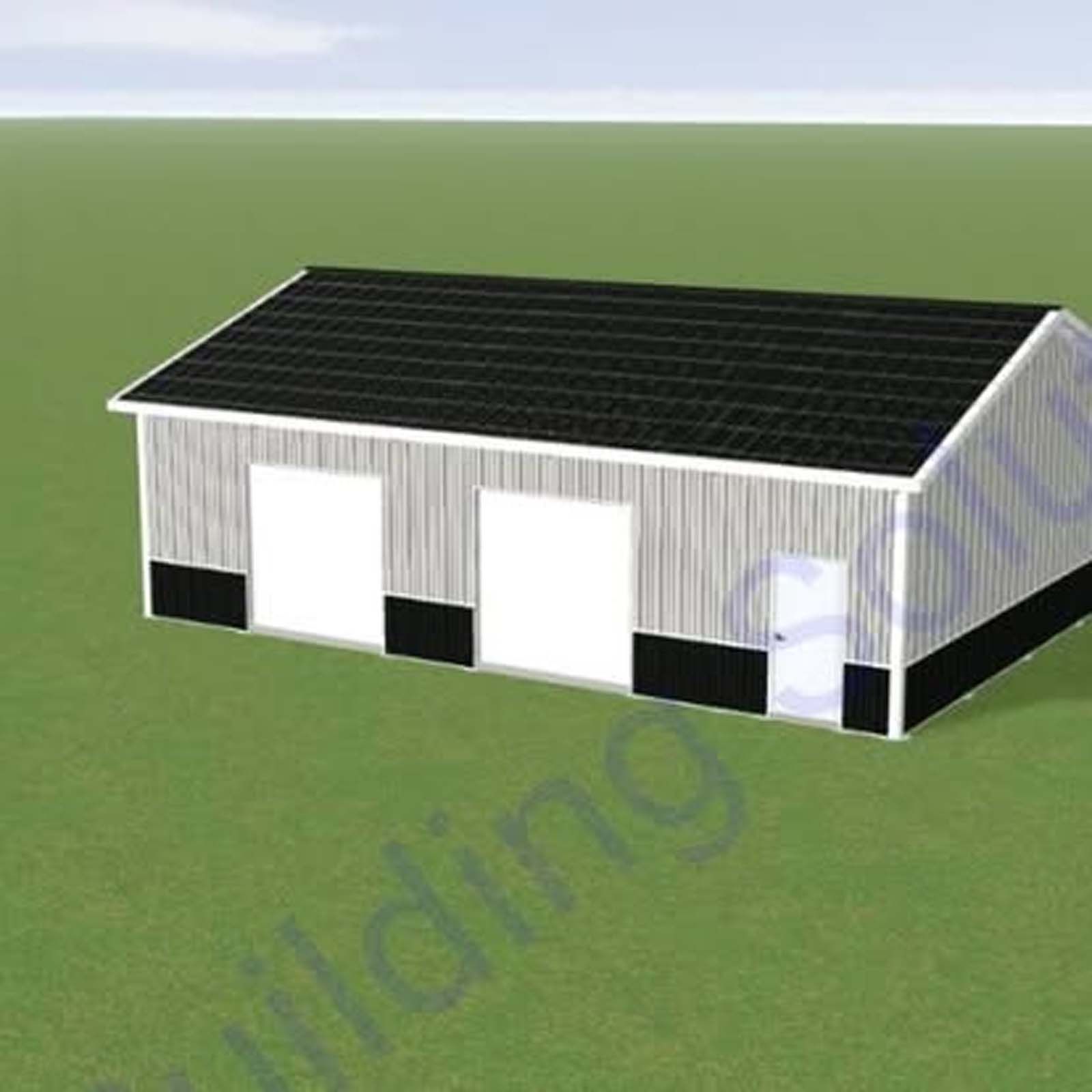 A 3d model of a garage with a black roof