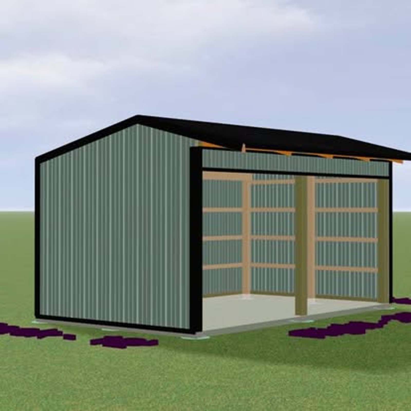 A 3d model of a shed with a black roof