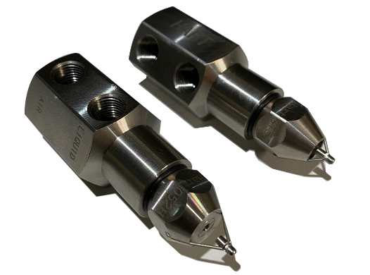 A pair of stainless steel spray nozzles on a white background