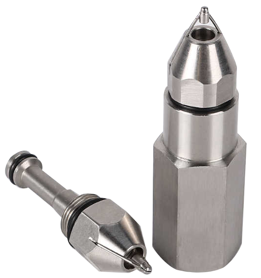 Two stainless steel nozzles are sitting next to each other on a white surface.