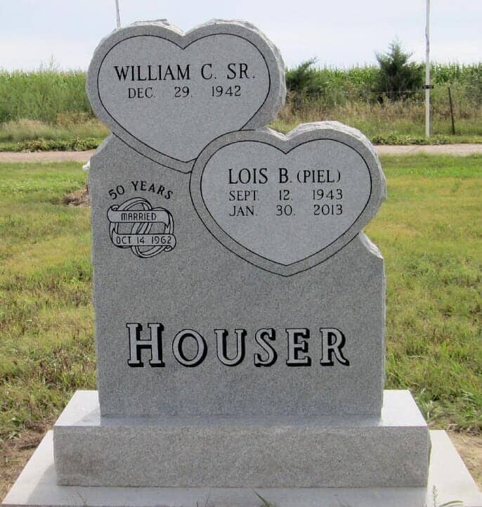 Double heart companion monument in gray granite