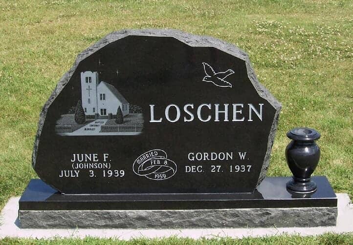 Custom tree monument with polished bevel front base in black granite Deke