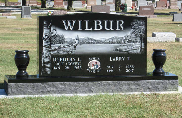 Companion monument in black granite with etched scene, porcelain photo and matching vases — Companion Monument in Holdrege, NE