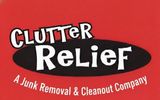 Clutter Relief logo on a red background: white text in a black oval, 