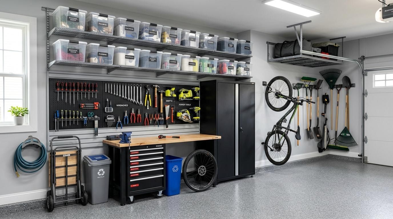 Organized garage with shelving and storage bins
