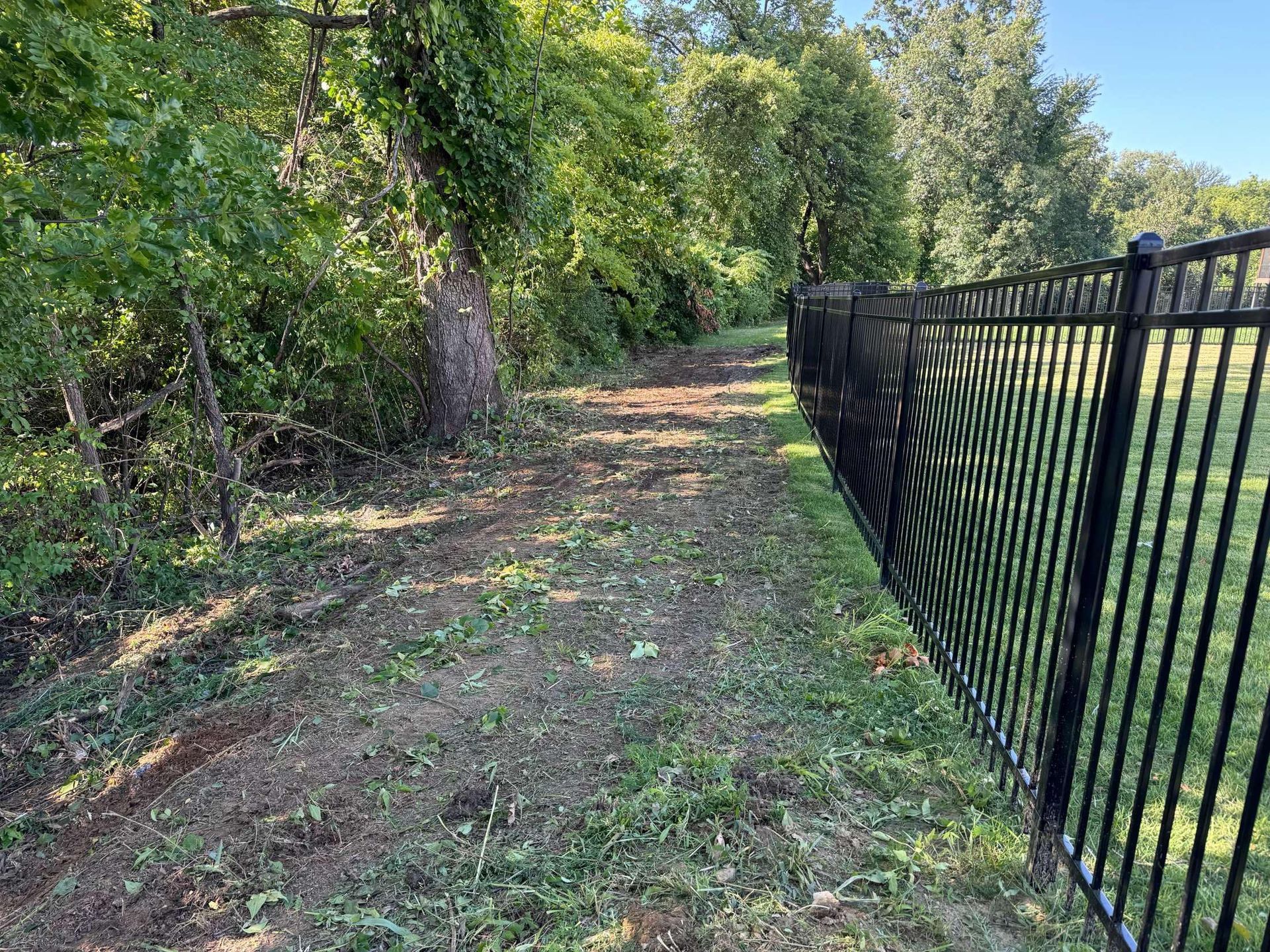 A black fence surrounds a dirt path in the woods.