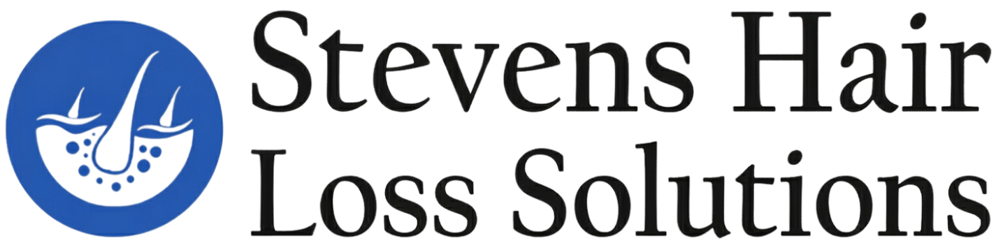 Blue logo with hair follicle diagram and 