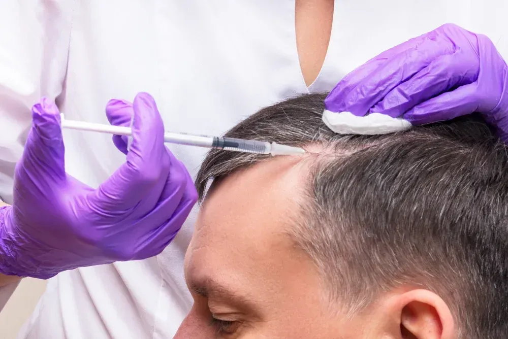 A person receiving an injection on their scalp. Purple-gloved hands hold a syringe. A cotton swab is nearby.