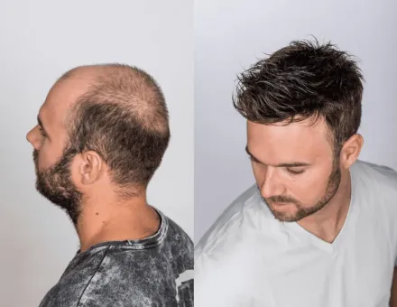 Man with thinning hair before and after a hair restoration.