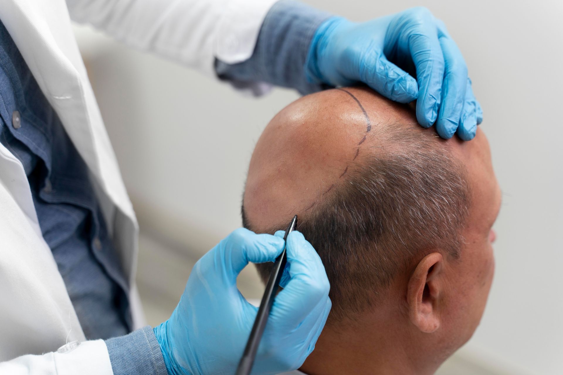 A doctor in blue gloves drawing on a bald scalp with a pen, preparing for a hair transplant procedure.