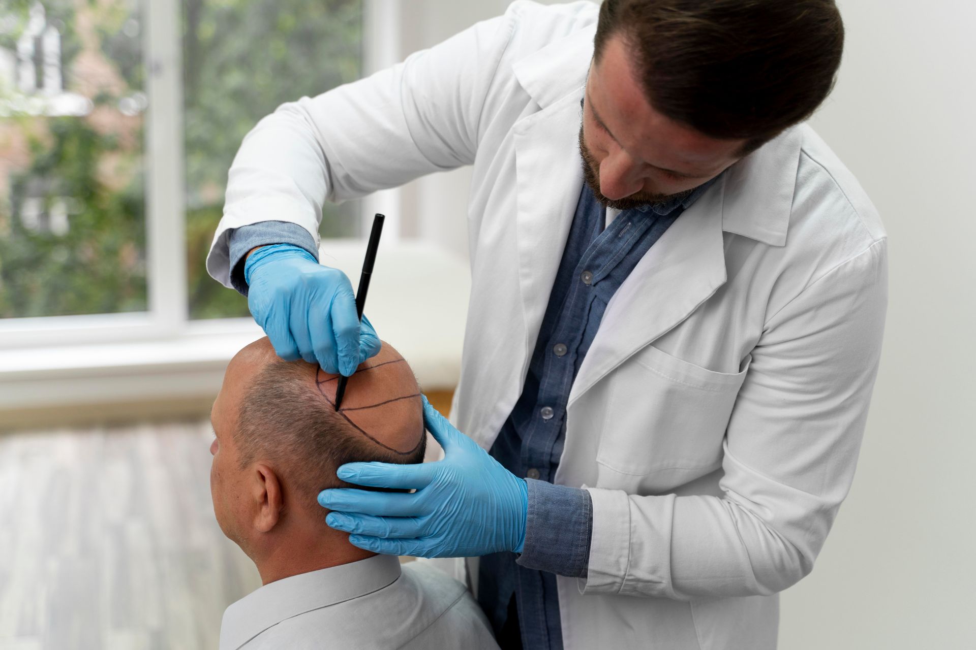 Doctor in white coat marking a patient's scalp with a pen, wearing blue gloves.