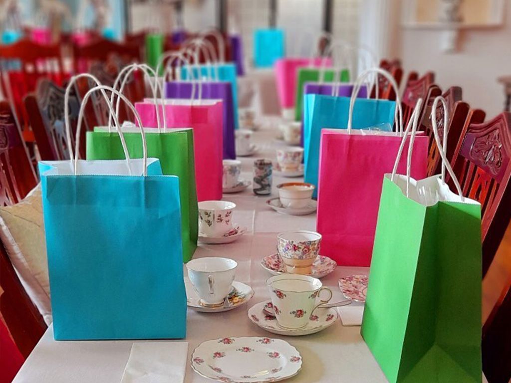 colored bags on table