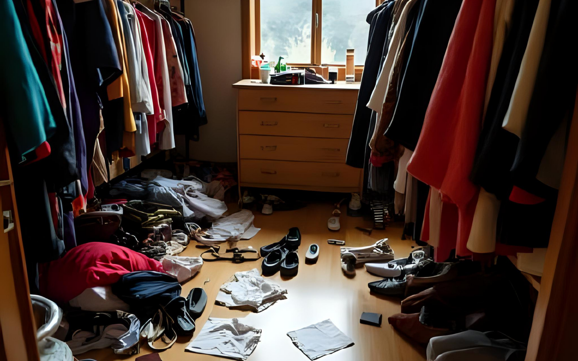 Cluttered closet with clothes on floor, hanging on racks, and atop a wooden dresser