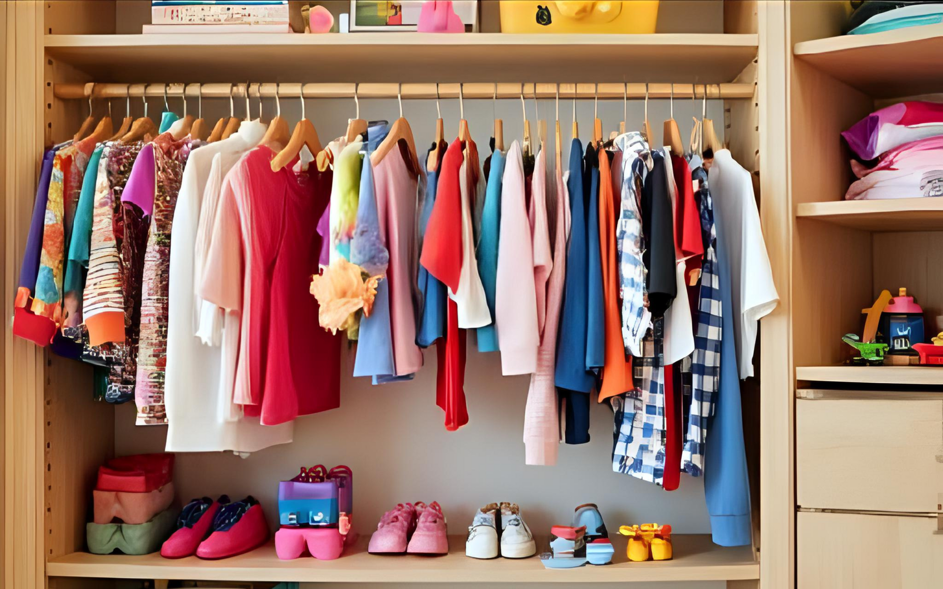 Clothing closet with various colorful tops and shoes neatly organized on shelves.