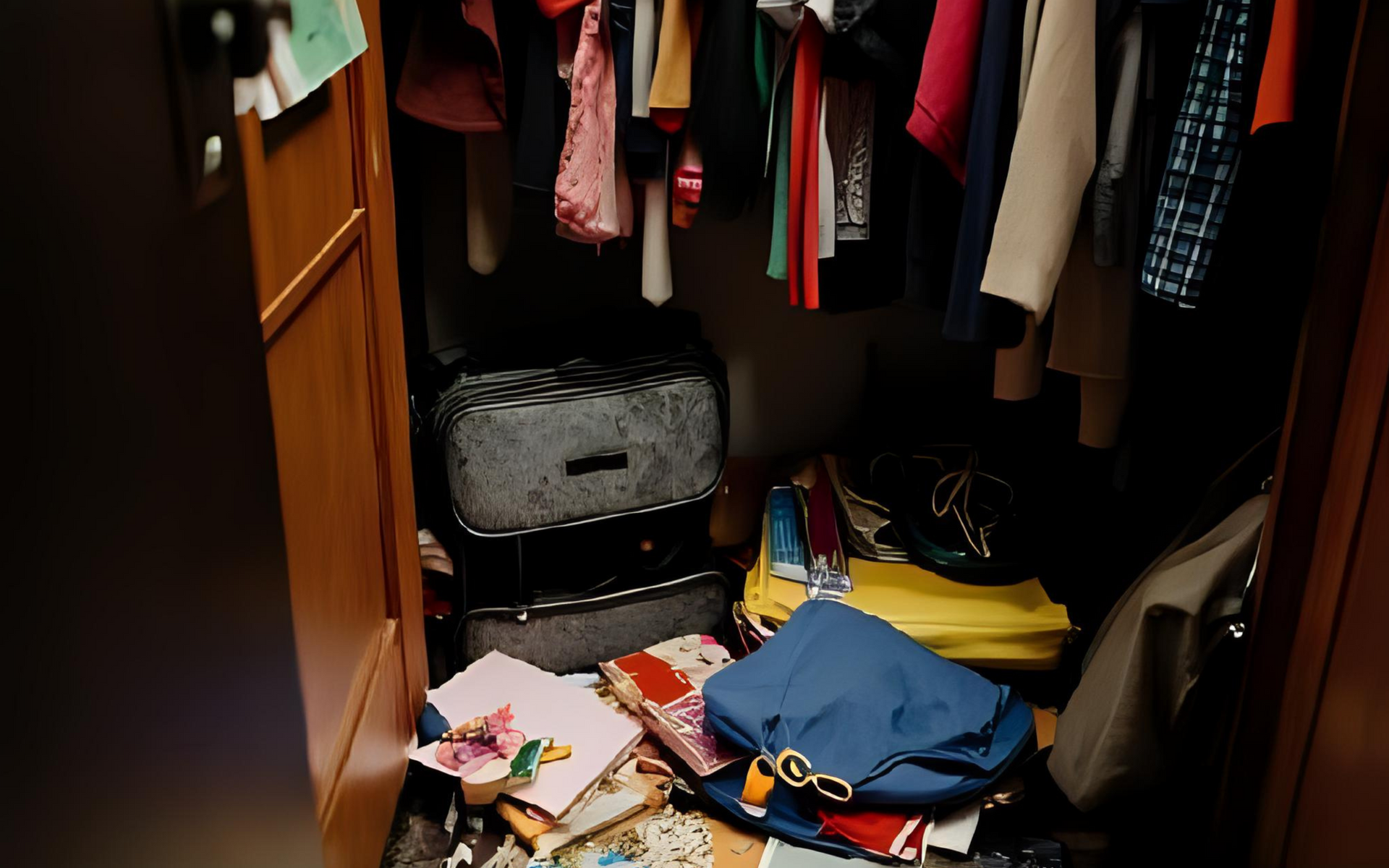 Closet with hanging clothes, suitcases, and bags. Floor cluttered with papers and items.