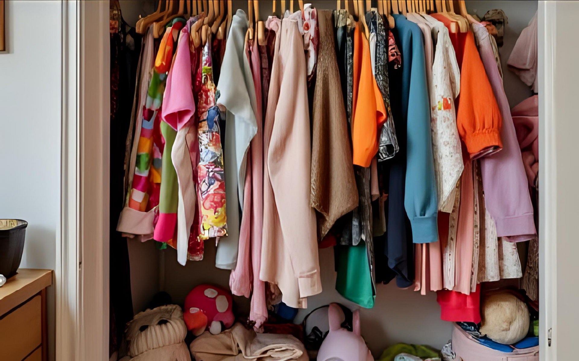 A closet filled with colorful clothes on hangers, including pink, orange, and blue items.