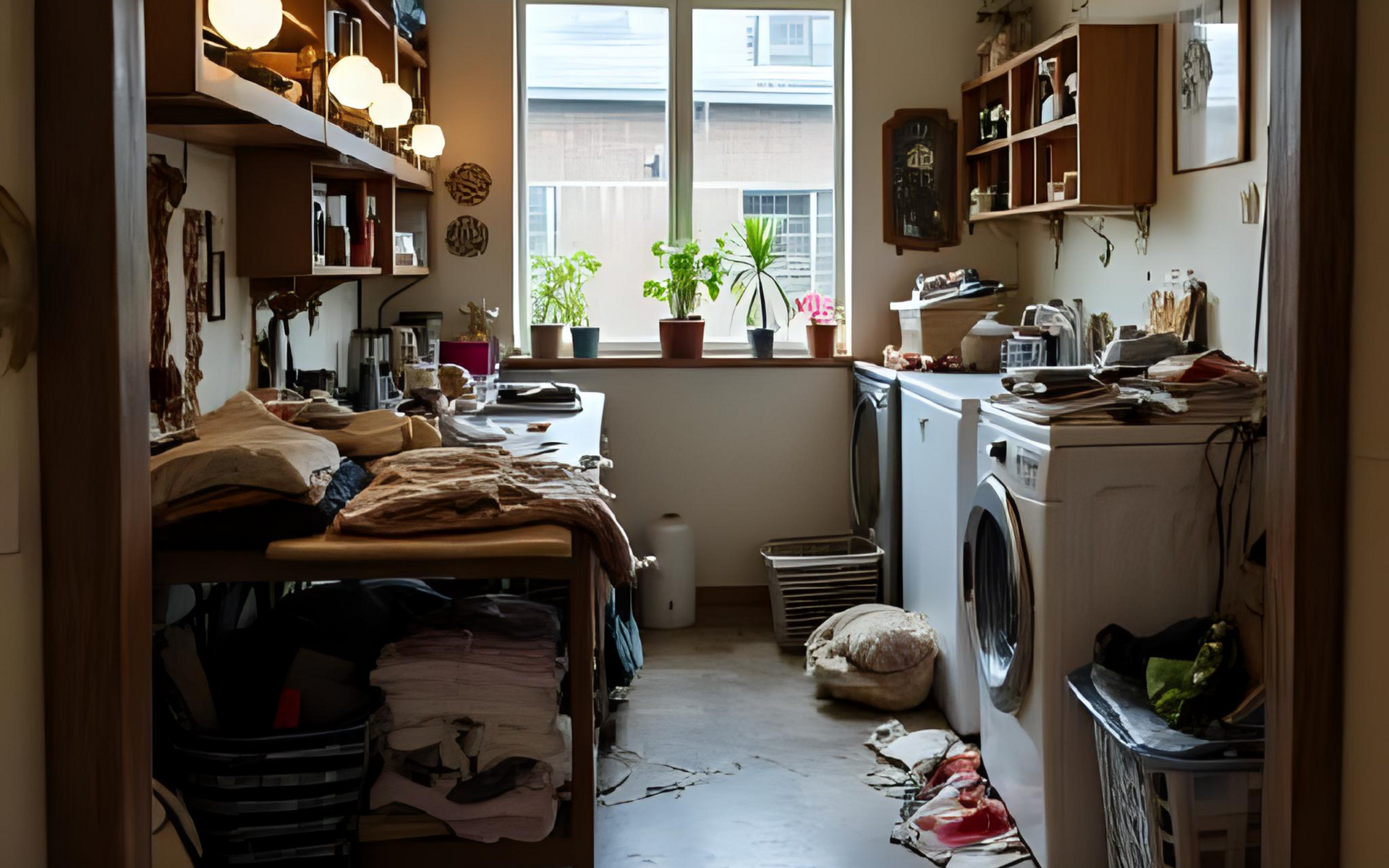 Cluttered laundry room; laundry table with folded clothes, washing machine, plants on windowsill, and overhead shelves.