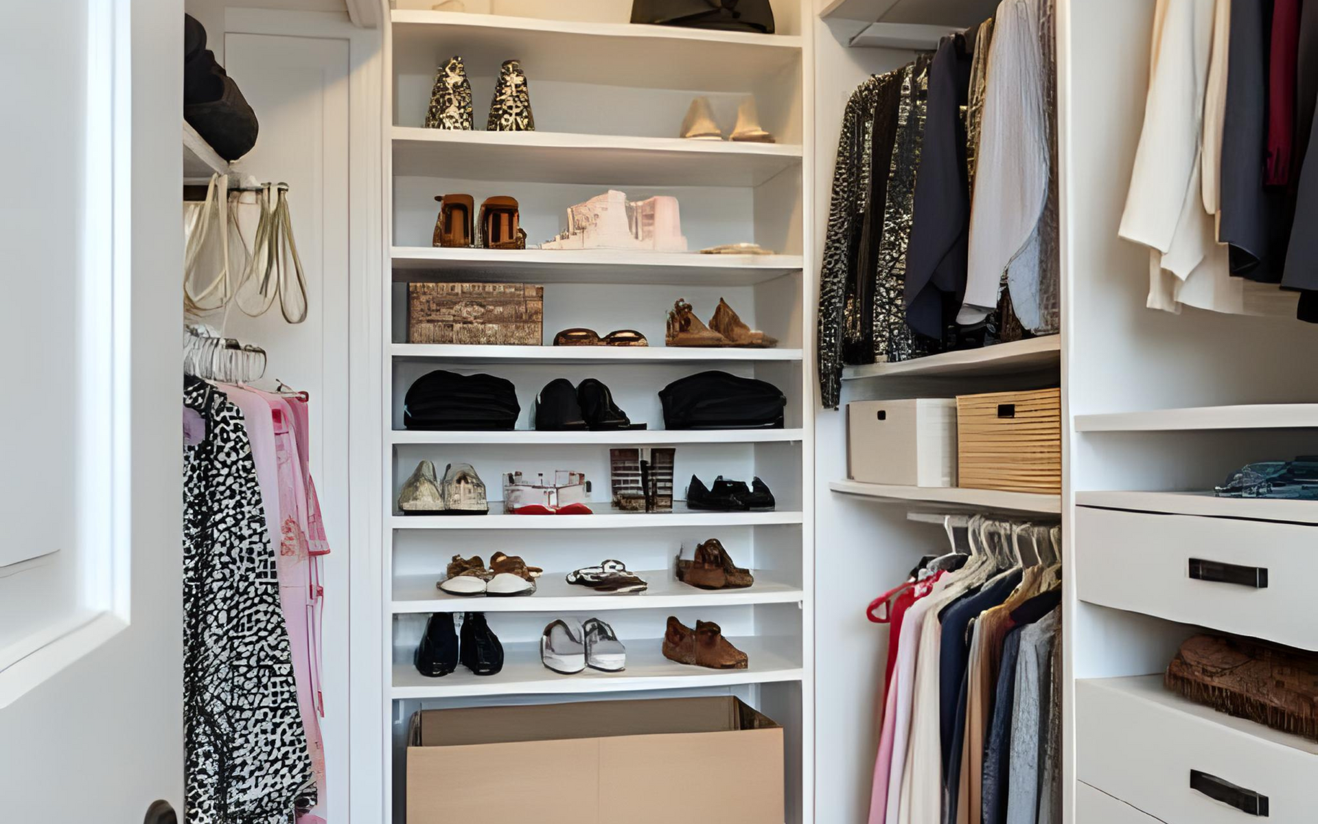 Walk-in closet with white shelves displaying shoes and clothing. Garments hang on rods, and items are stored in drawers.