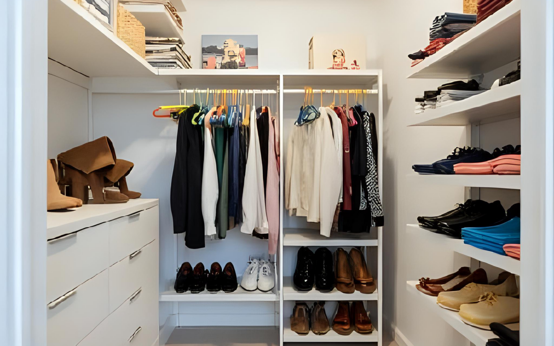 Walk-in closet with white shelves and rods, clothes and shoes organized.