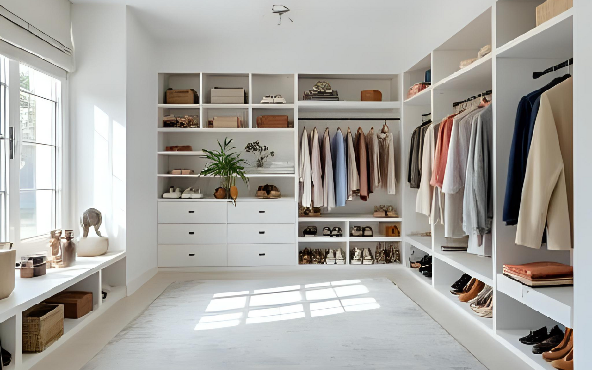Bright white walk-in closet with organized shelves, hanging clothes, shoes, and a window.