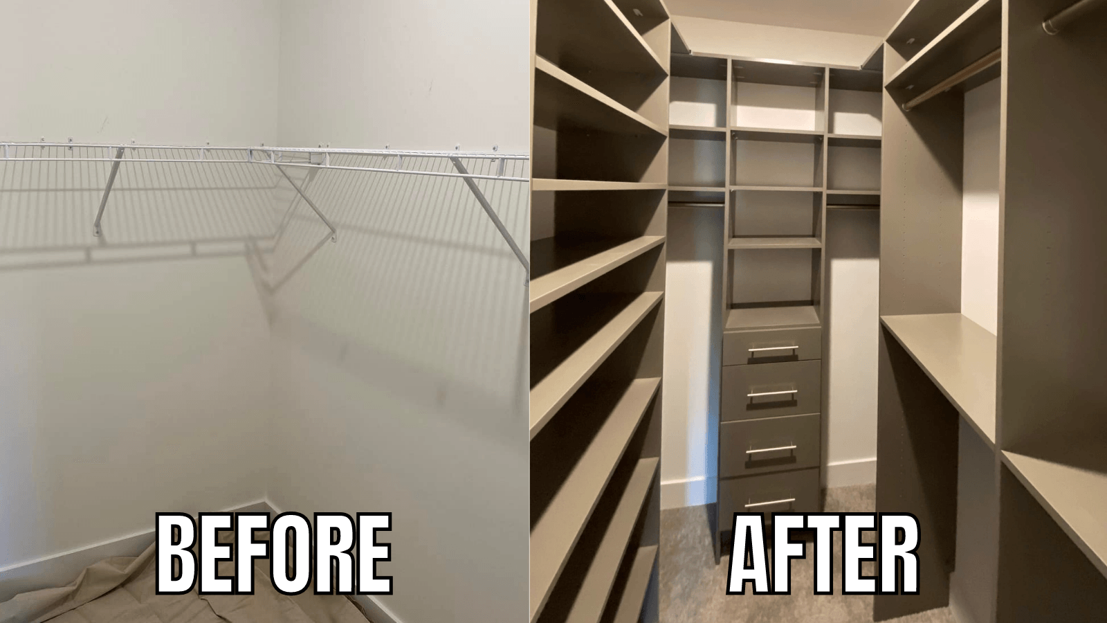 Before and after closet organization. The left side shows a wire shelf; the right side shows built-in shelving and drawers.