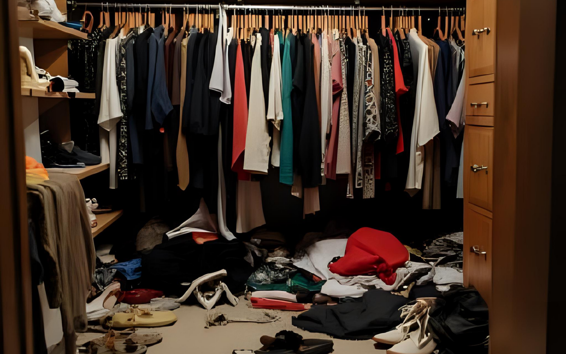 A messy closet, clothes piled on the floor under a crowded clothing rack.