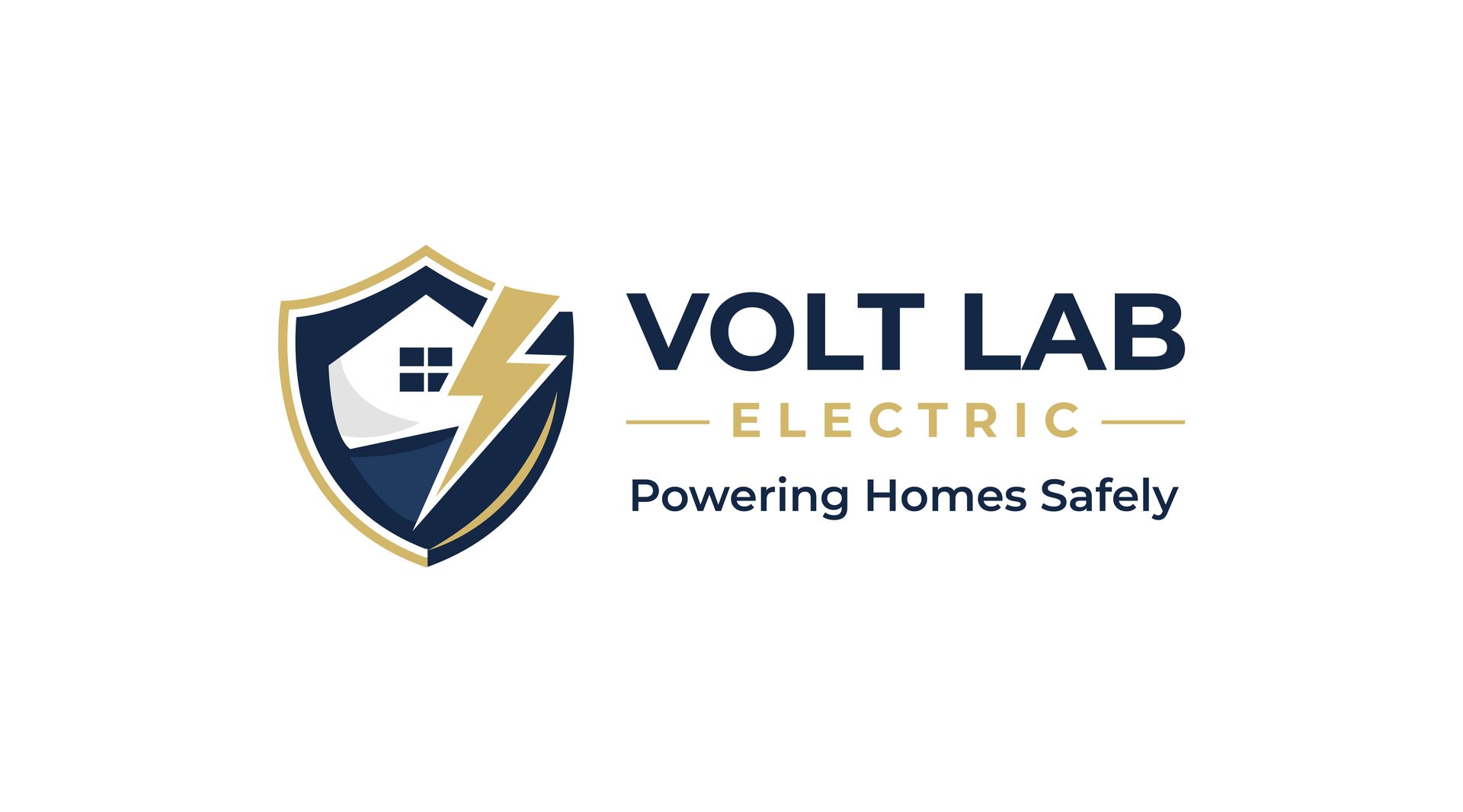 Logo for Volt Lab Electric featuring a shield icon with a house and lightning bolt, text reads "Powering Homes Safely".