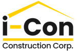 The logo for i-con construction corp. has a yellow roof.