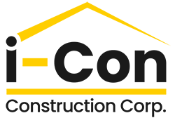 The logo for i-con construction corp. has a yellow roof.