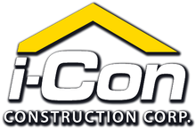 Logo of i-Con Construction Corp. with a yellow roof shape above the company name in white text with a shadow.